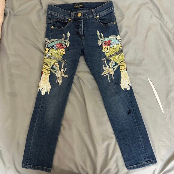 Kids Roberto Cavalli Embroidered Sequin Birds‎ Denim Jeans Size 6 122 - Picture 1 of 16